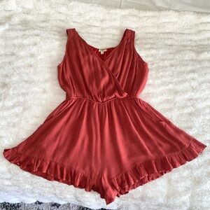 Kori Rust Red Ruffle Hem Romper with Pockets, SMALL